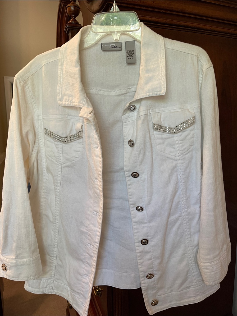 Chico's White Crystal-Trim Denim Jacket